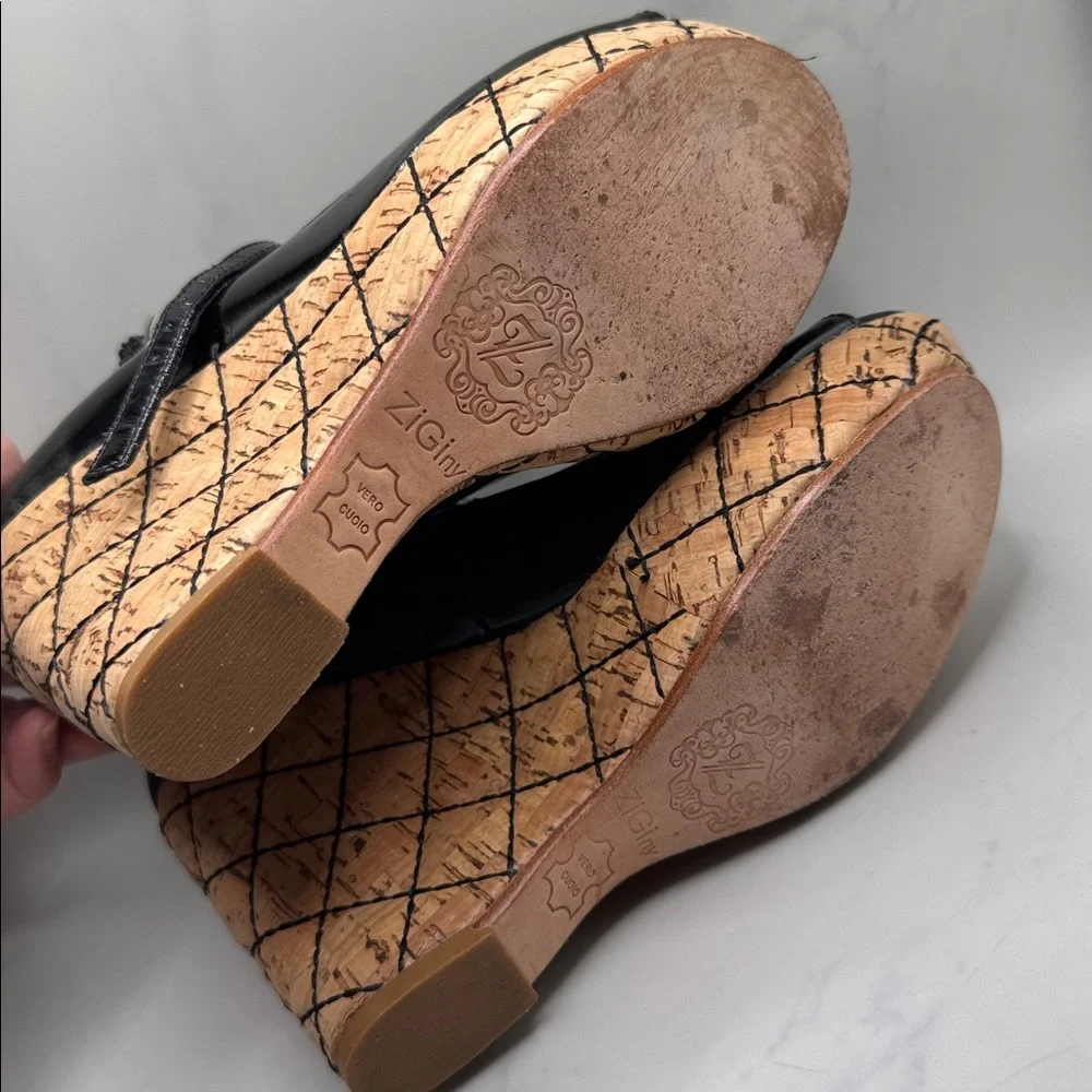 ZiGi NY Camilla Black Peep-Toe Patent Wedge Sandals size 5